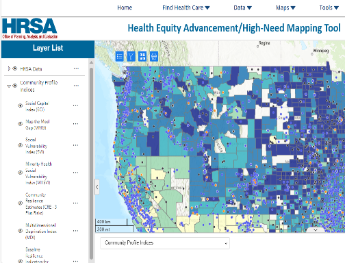 Screenshot of Health Equity Advancement/High-Need Mapping Tool