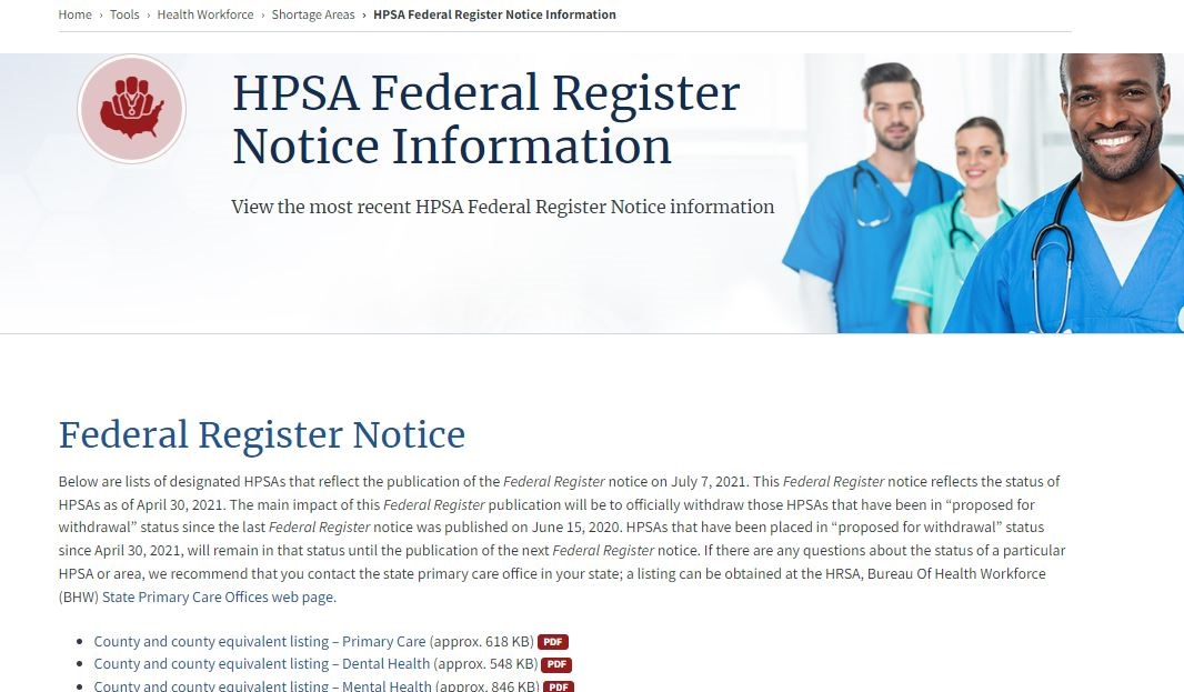 Federal Register Notice HPSA List
