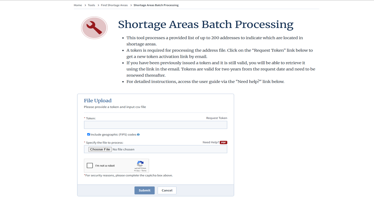 Shortage Area Batch Processing
