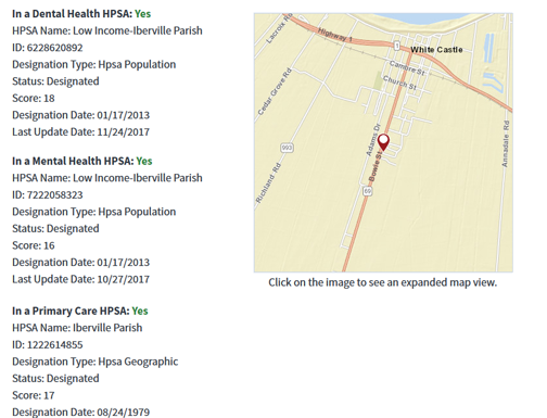 Screenshot of Find Shortage Areas by Address results