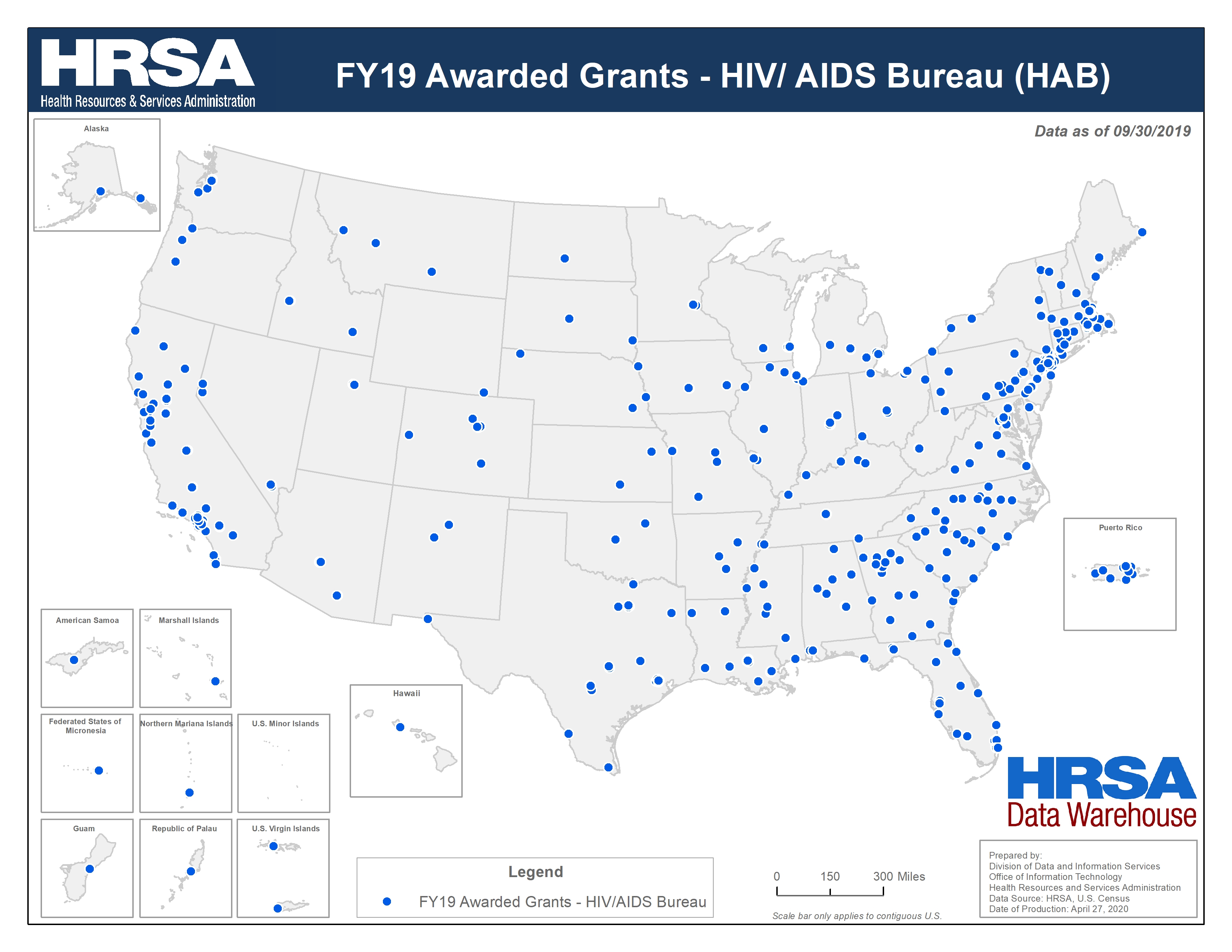 Preview Map of FY19 Awarded Grants - HIV/ AIDS Bureau (HAB)